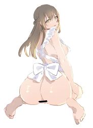 1girl back_bow bow braid breasts brown_hair censored crescent crescent_earrings earrings half_up_braid heaven_burns_red highres jewelry large_breasts long_hair looking_back mosaic_censoring nanashisanhvbn nipples ooshima_ichiko solo yellow_eyes