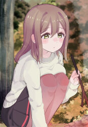 Rule 34 | 1girl, black skirt, blush, breasts, brown eyes, brown hair, brown sweater, bush, commentary request, cream (nipakupa), holding, holding stick, kunikida hanamaru, large breasts, leaf, leaf pile, long hair, long sleeves, love live!, love live! sunshine!!, outdoors, pantyhose, red pantyhose, skirt, smoke, solo, squatting, stick, sweater, tree