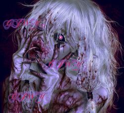 1girl black_background black_nails black_sclera blood blood_on_face blood_on_hands colored_sclera crazy_eyes english_text hand_on_own_face highres injury long_hair longwandb looking_at_viewer multiple_scars open_mouth pointy_ears scar scar_on_hands simple_background twintails white_hair