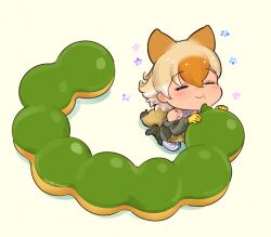 1girl animal_ears beleven blonde_hair boots camisole closed_eyes coyote_(kemono_friends) donut eating extra_ears food gloves highres jacket kemono_friends kemono_friends_v_project short_hair simple_background skirt solo tail thighhighs virtual_youtuber wolf_ears wolf_girl wolf_tail