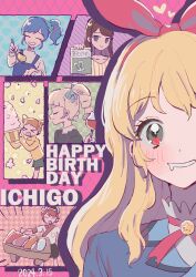 &gt;_&lt; 6+girls aikatsu! aikatsu!_(series) arisugawa_otome blonde_hair blue_hair blue_jacket blush bow bow_hairband brown_hair character_name closed_eyes closed_mouth cup dated drinking_glass drooling food hair_bow hairband happy_birthday highres holding holding_spoon hoshimiya_ichigo incoming_food jacket kiriya_aoi long_hair looking_at_viewer mouth_drool multiple_girls neck_ribbon okomeiro open_mouth ozora_akari popcorn profile red_eyes red_hairband red_ribbon ribbon school_uniform shibuki_ran shirt smile solo_focus spoon starlight_academy_school_uniform sushi todo_yurika upper_body white_shirt wine_glass