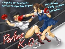 2girls artist_request boxing_gloves boxing_ring catfight defeat k.o. multiple_girls punching smile tagme