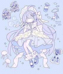 &gt;_&lt; &gt;_o 1girl absurdres bad_id bad_twitter_id blowing_bubbles blue_background blue_dress blue_footwear bonnet chibi chibi_inset commission dress fish fpwrs full_body green_eyes hand_up highres jellyfish long_hair looking_at_viewer one_eye_closed original photo_(object) purple_hair ribbon shoes soap_bubbles socks standing star_(symbol) very_long_hair white_socks yellow_ribbon