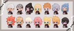 2girls absurdres axel_(kingdom_hearts) black_coat_(kingdom_hearts) black_hair blonde_hair blue_eyes blue_hair blush brown_hair chibi chibi_only closed_mouth demyx green_eyes grey_hair highres kingdom_hearts kingdom_hearts_ii larxene lexaeus luxord marluxia multiple_boys multiple_girls orange_eyes organization_xiii purple_eyes roxas saix sitting squidkid528 vexen xaldin xemnas xigbar xion_(kingdom_hearts) zexion
