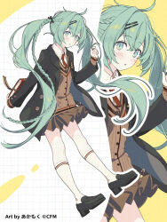1girl :o adversarial_noise ahoge akamoku black_jacket black_ribbon black_shoes blazer blush book braid brown_cardigan brown_skirt buttons cardigan collared_shirt commentary_request copyright_notice dress_shirt expressionless figure_available flat_chest floating_hair full_body green_eyes green_hair grid_background hair_ornament hair_ribbon hairclip half_up_braid hand_up hatsune_miku hatsune_miku_fashion_figure holding holding_book jacket kneehighs loafers long_hair looking_at_viewer merchandise_available miniskirt necktie official_alternate_costume official_art open_clothes open_jacket parallel_hairclips parted_lips pleated_skirt red_necktie ribbon school_emblem school_uniform shirt shoes sidelocks skirt socks solo taito twintails twirling_hair two-tone_background very_long_hair vocaloid white_background white_socks wing_collar yellow_background zoom_layer