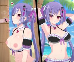 Rule 34 | 1boy, 1girl, after fellatio, arm garter, arms behind head, arms up, assault lily, bar censor, bare shoulders, bikini, bikini pull, bikini top pull, blue sky, blurry, blurry background, blush, breasts, breasts out, censored, clothed sex, clothes pull, cloud, collarbone, commentary request, cum, cum in mouth, cum on body, cum on breasts, cum on hair, cum on upper body, day, facial, frilled bikini, frilled ribbon, frills, front-tie bikini top, front-tie top, hair ornament, hair ribbon, haniwa (kiminozorazio), heart, heavy breathing, hetero, highres, horizon, jewelry, large breasts, long hair, looking at another, looking at viewer, matsumura fuuka, multiple views, navel, nipples, official alternate costume, out of frame, outdoors, palm tree, parted lips, pendant, penis, pink eyes, pink ribbon, purple hair, raised eyebrows, ribbon, ribbon-trimmed bikini, ribbon trim, see-through bikini, see-through clothes, sky, solo focus, sparkle, speech bubble, spoken heart, standing, stomach, sweat, swimsuit, tassel, tassel hair ornament, translation request, tree, twintails, upper body, very long hair, water