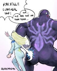 1boy 1girl absurdres ass blonde_hair bodysuit dagger_(marvel) highres long_hair marvel marvel_rivals monster_boy muscular muscular_male open_mouth quasimodox spanked spider-man_(series) symbiote venom_(marvel) white_bodysuit