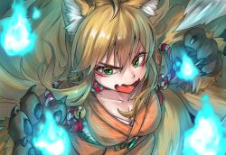 Rule 34 | 1girl, absurdres, animal ear fluff, animal ears, animal hands, bell, blonde hair, blue fire, blush, breasts, cleavage, collarbone, commentary, english commentary, fangs, fire, fox ears, fox girl, green eyes, hands up, highres, hold111, hoshii miki, idolmaster, idolmaster (classic), japanese clothes, kimono, long hair, looking at viewer, open mouth, orange kimono, skin fangs, solo