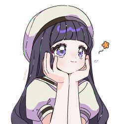 1girl artist_name black_hair blunt_bangs blush cardcaptor_sakura closed_mouth commentary daidouji_tomoyo grey_outline hands_on_own_face hat highres long_hair outline purple_eyes sailor_collar shirt short_sleeves simple_background smile solo symbol-only_commentary upper_body white_background white_hat white_sailor_collar white_shirt yalmyu