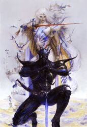 2boys absurdres armor black_armor black_lips cape cecil_harvey closed_mouth commentary dark_knight_(final_fantasy) dual_persona earrings empty_eyes final_fantasy final_fantasy_iv floating_earrings full_armor hand_on_hilt headband highres holding holding_sword holding_weapon jewelry long_hair looking_at_viewer male_focus multiple_boys outstretched_arm paladin_(final_fantasy) planted planted_sword planted_weapon squatting sword tassel tassel_earrings weapon white_armor white_hair yoda_yo