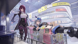 2girls absurdres bag_of_chips black_boots black_gloves black_jacket boots breasts chest_harness closed_mouth coffee_bag commentary_request crossed_bangs eyewear_on_head feet_out_of_frame fingerless_gloves food_packaging fur-trimmed_jacket fur_trim glasses gloves gradient-tinted_eyewear grey_eyes grey_hair groceries hair_between_eyes handheld_game_console harness high-waist_shorts highres holding holding_handheld_game_console honkai:_star_rail honkai_(series) in_shopping_cart indoors jacket kafka_(honkai:_star_rail) large_breasts lay&#039;s_(potato_chips) long_hair long_sleeves mile_miluo mixed-language_commentary multiple_girls pantyhose pantyhose_under_shorts partial_commentary pince-nez playing_games purple_eyes purple_gloves purple_hair purple_pantyhose pushing_cart round_eyewear shirt shopping shopping_cart shorts silver_wolf_(honkai:_star_rail) single-shoulder_shirt single_thigh_boot sitting sunglasses supermarket thigh_boots tinted_eyewear white_shirt