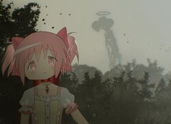 1girl 1other blank_eyes blurry blush bow choker commentary gem giant_skeleton hair_bow hair_ribbon halo highres kaname_madoka looking_at_viewer magical_girl mahou_shoujo_madoka_magica multiple_heads pink_eyes pink_gemstone pink_hair puffy_short_sleeves puffy_sleeves red_choker ribbon short_hair short_sleeves short_twintails soul_gem symbol-only_commentary twintails upper_body x_x_dame