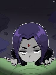 1boy 1girl absurdres beast_boy_(dc) colored_skin couple dc_comics fellatio forehead_jewel fruithead grey_skin hetero highres navel oral penis pov purple_hair raven_(dc) short_hair teen_titans