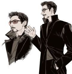 Rule 34 | 1boy, closed mouth, coat, facial hair, greyscale, hand in pocket, hand up, highres, lapels, long sleeves, looking to the side, male focus, marvel, marvel cinematic universe, monochrome, multiple views, open clothes, open coat, pants, shirt, short hair, smile, sunglasses, teeth, thendsherly, tony stark, upper body