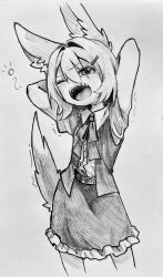 1girl absurdres animal_ears arms_behind_head bow bowtie collared_shirt commentary_request cookie_(touhou) cowboy_shot fox_ears fox_girl fox_tail frilled_skirt frills greyscale hair_intakes hair_ornament hairclip highres looking_at_viewer melanin_shikiso miramikaru_riran monochrome open_clothes open_mouth open_vest shirt short_hair simple_background skirt solo squeans tail vest yawning