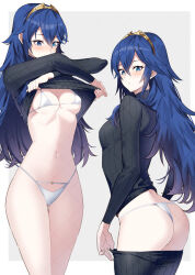 1girl ameno_(a_meno0) ass bikini black_sweater blue_eyes blue_hair breasts clothes_lift clothes_pull fire_emblem fire_emblem_awakening looking_at_viewer lucina_(fire_emblem) micro_bikini mismatched_pupils multiple_views navel nintendo pants pants_pull simple_background small_breasts stomach sweater sweater_lift swimsuit tiara turtleneck turtleneck_sweater undressing white_bikini