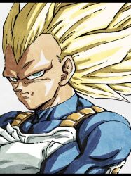 1boy armor blonde_hair blue_bodysuit bodysuit crossed_arms dragon_ball dragon_ball_daima gloves green_eyes hiro_(udkod1ezlyi2flo) long_hair male_focus no_eyebrows saiyan_armor simple_background solo spiked_hair super_saiyan super_saiyan_3 upper_body vegeta white_armor white_background white_gloves