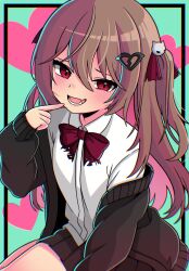 1girl ahoge-tan black_cardigan black_skirt bow bowtie broken_heart broken_heart_hair_ornament brown_hair cardigan collared_shirt dress_shirt evil_neuro-sama finger_to_mouth from_above from_side hair_between_eyes hair_ornament hair_ribbon heart highres light_blush long_hair long_sleeves looking_at_viewer mesugaki neuro-sama open_mouth pleated_skirt red_bow red_bowtie red_eyes red_ribbon ribbon shirt sitting skirt skull_hair_ornament solo two_side_up upper_body vedal_ai virtual_youtuber white_shirt