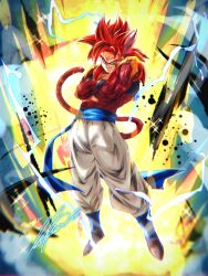 1boy aura black_vest blue_eyes blue_sash body_fur brown_fur cropped_vest dragon_ball dragon_ball_gt electricity full_body gogeta highres lafia_db looking_at_viewer medium_hair metamoran_vest muscular muscular_male no_shirt open_clothes open_vest pants red_hair sash signature smirk solo spiked_hair vest white_pants