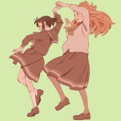 2girls 55bata6rou arm_up black_hair bow brown_hair brown_serafuku brown_shirt brown_shoes brown_skirt closed_eyes closed_mouth dancing floating_hair freckles full_body green_background green_neckerchief hair_bow hibike!_euphonium highres hisaishi_kanade holding_hands kenzaki_ririka kitauji_high_school_uniform loafers long_hair long_sleeves multiple_girls neckerchief open_mouth pleated_skirt red_bow school_uniform serafuku shirt shoes short_hair simple_background skirt smile socks standing white_socks