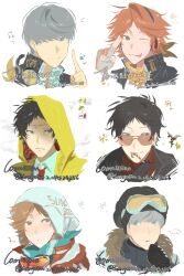 3boys adachi_tooru black_gloves brown_eyes brown_hair candy candy_cane chinese_commentary chinese_text closed_mouth coat commentary_request commission food gloves goggles goggles_around_neck goggles_on_headwear grey_eyes grey_hair hanamura_yousuke hat headphones highres holding holding_candy holding_food hood hood_up index_finger_raised looking_at_viewer male_focus mistletoe multiple_boys multiple_views musical_note narukami_yu one_eye_closed persona persona_4 raincoat salute sanryoku school_uniform short_hair simple_background smile translation_request two-finger_salute white_background winter_clothes yasogami_school_uniform yellow_raincoat