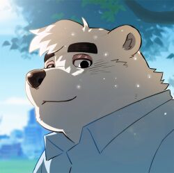 1boy aggressive_retsuko animal_ears bear_boy bear_ears blue_shirt blue_sky cityscape closed_mouth commentary furry furry_male looking_at_viewer male_focus rossciaco shirota_(aggretsuko) shirt sky smile tree upper_body