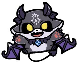 Rule 34 | bkub, black sclera, chibi, chibi only, claws, colored sclera, debidebi debiru, demon tail, full body, grey fur, horns, nijisanji, no humans, no pupils, open mouth, pawpads, purple horns, purple wings, simple background, solo, tail, two-tone fur, virtual youtuber, white background, white fur, wings, yellow eyes