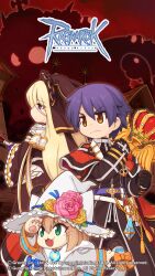 1boy 2girls :3 black_coif black_dress black_gloves black_pants black_shirt blonde_hair bow brown_hair cardinal_(ragnarok_online) cat_girl cat_tail clenched_hands closed_mouth coat coat_on_shoulders copyright_notice cowboy_shot dress fang flower frilled_hat frills frown fur_coat furry furry_female ghost gloves green_eyes grey_coat hat highres inquisitor_(ragnarok_online) logo long_hair long_sleeves multiple_girls official_art official_wallpaper open_mouth orange_bow orange_eyes pants pink_flower pink_rose purple_eyes purple_hair ragnarok_online red_coat red_sky rose shirt short_hair sky smile spirit_handler_(ragnarok_online) tail tail_bow tail_ornament tassel v-shaped_eyebrows white_hat wide_sleeves witch_hat yellow_flower yellow_rose yuichirou