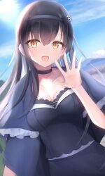 1girl 2025 :d backlighting black_choker black_hair black_hairband black_shirt black_skirt blue_capelet blue_sky blush breasts capelet choker commentary_request cowboy_shot dated_commentary dutch_angle floating_hair frilled_capelet frills hair_between_eyes hairband hand_up happy highres kushima_kamome large_breasts long_hair looking_at_viewer maddo_(gasser_0518) open_mouth outdoors outstretched_hand shirt skirt skull_and_crossbones sky smile solo straight_hair summer_pockets sunlight waving yellow_eyes