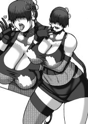 1girl breasts censored censored_nipples cleavage highres large_breasts monochrome multiple_views no_bra papepox2 shermie_(kof) simple_background the_king_of_fighters underboob white_background
