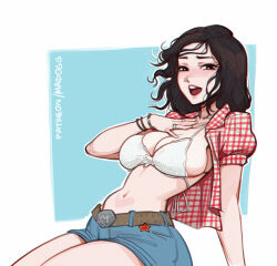 1girl belt bikini bikini_top_only black_hair blue_background blue_shorts blush bracelet breasts cleavage gingham gingham_shirt highres jewelry k-pop kwon_eun-bi large_breasts looking_at_viewer madogg medium_hair multiple_rings open_clothes open_mouth open_shirt patreon_username real_life red_shirt ring shirt shorts smile solo swimsuit two-tone_background white_background white_bikini