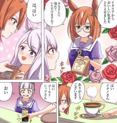 3girls anikinoihai893 animal_ears beer_can blunt_bangs brown_hair can closed_mouth collarbone commentary_request cup drink_can flower glasses gold_ship_(umamusume) grey_hair holding holding_tray horse_ears ikuno_dictus_(umamusume) mejiro_mcqueen_(umamusume) multiple_girls open_mouth purple_eyes purple_hair ribbon school_uniform smile strong_zero sweatdrop table tea teacup tracen_school_uniform translation_request tray umamusume