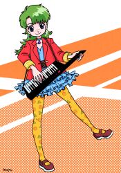 1girl blue_choker blue_dress blue_eyes brown_shoes choker closed_mouth dress earrings fingernails fujishima_moyu full_body green_hair highres holding holding_instrument instrument jacket jewelry keytar long_hair mary_janes orange_pantyhose original pantyhose print_pantyhose red_jacket shoes signature smile solo