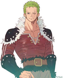 Rule 34 | 1boy, artist name, belt, belt buckle, brown belt, buckle, closed mouth, collarbone, earrings, fur trim, green hair, hand on own hip, highres, jewelry, looking at viewer, male focus, official alternate costume, one eye closed, one piece, roronoa zoro, scar, scar across eye, scar on face, shirt, short hair, shoulder pads, simple background, skin tight, solo, stnutt, tight clothes, tight shirt, upper body, white background