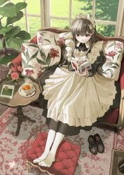 1girl apron black_dress black_hair black_shoes book brown_eyes chair closed_mouth commentary_request cup day dress floral_print flower footstool frilled_apron frills from_above full_body hair_ornament highres holding holding_book indoors loafers long_hair long_sleeves maid maid_apron maid_headdress on_chair open_book original pantyhose pillow plant potted_plant print_pillow rabbit_hair_ornament reading rug saucer shii_(kairi-t-k0317) shoes sitting smile solo spoon table tea teacup unworn_shoes vase white_apron white_pantyhose window