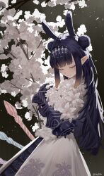 Rule 34 | 1girl, absurdres, black gloves, blunt bangs, bouquet, closed eyes, crinoline, double bun, dress, flower, gauntlets, gloves, gradient hair, hair bun, hair ornament, highres, holding, holding bouquet, hololive, hololive english, long hair, mole, mole under eye, multicolored hair, ninomae ina&#039;nis, ninomae ina&#039;nis (ina the hero), pointy ears, purple hair, sidelocks, single gauntlet, skytofu, solo, takodachi (ninomae ina&#039;nis), tentacle hair, twitter username, virtual youtuber, white dress, white flower