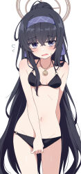 1girl bikini black_bikini black_hair blue_archive blue_hairband blush breasts brown_halo collarbone commentary_request eniraka groin hairband halo highres jewelry long_hair navel necklace o-ring o-ring_bikini o-ring_bottom o-ring_top official_alternate_costume open_mouth ponytail purple_eyes simple_background small_breasts solo swimsuit ui_(blue_archive) ui_(swimsuit)_(blue_archive) very_long_hair white_background