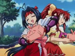 2girls animated animated_gif black_hair headband japanese_clothes kiribayashi_azumi long_hair lunchbox mitsurugi_ryouko multiple_girls open_mouth ponytail real_bout_high_school red_hair ribbon school_uniform skirt