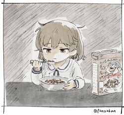 1girl border bowl brown_eyes brown_hair cereal cereal_box coco_pops coco_the_monkey commentary eating food hatoba_tsugu holding long_sleeves mole mole_under_eye panzuban shirt short_hair simple_background solo spoon table tsugu_(vtuber) twitter_username upper_body virtual_youtuber