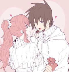 Rule 34 | 1boy, 1girl, bag, brown hair, candy, chocolate, chocolate heart, couple, feeding, food, gundam, gundam seed, heart, heart-shaped food, hetero, highres, holding, holding bag, hood, hoodie, kira yamato, lacus clyne, one eye closed, pink background, pink hair, ponytail, purple eyes, ribbed sweater, smile, soshiki, sweater, turtleneck, turtleneck sweater, upper body, valentine, white hoodie, white sweater