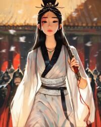 Rule 34 | 1girl, 6+others, armor, black eyes, black hair, black ribbon, blurry, blurry background, building, burn scar, cowboy shot, falling petals, hair bun, headpiece, helmet, highres, holding, holding sheath, jade pendant, japanese armor, japanese clothes, jewelry, kimono, long hair, looking at viewer, multiple others, necklace, original, over shoulder, petals, ribbon, sam yang, scar, serious, sheath, sheathed, waistband, walking, walking towards viewer, weapon, weapon over shoulder, white kimono