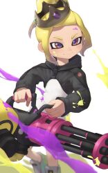 1girl blonde_hair crown gakusei_noa gem green_gemstone heavy_splatling_(splatoon) medium_hair nintendo octoling octoling_girl octoling_player_character purple_gemstone red_eyes solo splatoon_(series) splatoon_3 standing tentacle_hair white_background