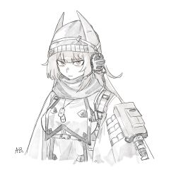 1girl biscuitaart brown_hair callsign:_cedar claudia_(callsign:_cedar) closed_mouth commentary dog_tags english_commentary hat headset highres jacket long_hair long_sleeves looking_at_viewer pale_color pouch simple_background sketch solo upper_body white_background yellow_eyes