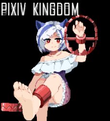 1girl barefoot feet highres kingdom_(user_ysav4824) looking_at_viewer medium_hair mitsugashira_enoko multicolored_hair pixel_art red_eyes smile soles streaked_hair toes touhou white_hair