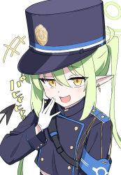 +++ 1girl arm_at_side armband backpack bag blue_archive blue_armband blue_hat blue_jacket blush buttoned_cuffs buttons commentary_request cropped_jacket double-breasted earrings fang gloves green_hair green_halo hair_between_eyes halo hand_up hat hayoo_ww highres jacket jewelry kepi long_hair long_pointy_ears long_sleeves looking_at_viewer midriff_peek military_hat nozomi_(blue_archive) open_mouth peaked_cap pointy_ears sidelocks skin_fang smile solo train_conductor twintails upper_body very_long_hair white_gloves yellow_eyes