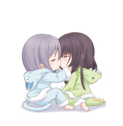 2girls animal_ears animal_hood artist_name assault_lily barefoot black_hair blue_pajamas blue_pants blush cat_ears cat_hood cat_tail chibi closed_eyes closed_mouth commentary_request dinosaur_hood dinosaur_tail ear_piercing facing_another fake_animal_ears fake_tail from_side fur-trimmed_pajamas fur-trimmed_pants fur-trimmed_sleeves fur_trim green_pajamas green_pants grey_hair hair_between_eyes hand_on_another&#039;s_chin hands_up hood hood_down hooded_pajamas imminent_kiss inoguchi_minto kagawa_makina knee_up long_hair long_sleeves mole mole_under_mouth morimoto_yuni multiple_girls official_alternate_costume pajamas pants piercing profile short_hair simple_background sitting sleeves_past_wrists soles tail wariza white_background yuri