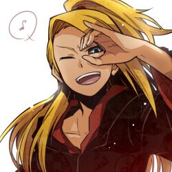1boy ;d black_sclera blonde_hair blue_eyes colored_sclera deidara_(naruto) edo_tensei long_hair long_sleeves looking_at_viewer male_focus musical_note naruto_(series) naruto_shippuuden ninja one_eye_closed open_mouth simple_background smile solo spoken_musical_note upper_body white_background yosakuh