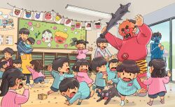 6+boys 6+girls animal apron blue_jacket braid cat ceiling_light child closed_eyes club club_(weapon) crying drawing_(object) food fujiwara_yoshito half_updo indoors jacket kindergarten kindergarten_uniform makizushi mask multiple_boys multiple_girls old old_woman oni_costume oni_mask open_mouth original running screaming setsubun short_twintails shorts socks solid_oval_eyes spiked_club sushi teacher twin_braids twintails v-shaped_eyebrows weapon