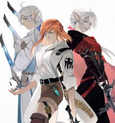 1boy 2girls aged_up ahoge alisaie_leveilleur alphinaud_leveilleur alternate_hair_length alternate_hairstyle ammunition belt black_cape black_skirt blue_eyes braid brown_shorts bullet cape coat collared_coat commentary_request cowboy_shot earclip elezen elf final_fantasy final_fantasy_xiv gloves grin gun gunbreaker_(final_fantasy) hair_ribbon high-waist_skirt highres holding holding_gun holding_sword holding_weapon hyur juliet_sleeves korean_commentary long_hair long_sleeves looking_at_viewer medium_hair multiple_girls open_clothes open_coat orange_hair pleasebemine00 pointy_ears pouch puffy_sleeves red_mage_(final_fantasy) red_shirt ribbon ryne_waters sage_(final_fantasy) shirt shirt_tucked_in shorts shoulder_belt siblings simple_background single_braid skirt smile standing sword thigh_strap twins two-sided_fabric weapon white_background white_coat white_gloves white_hair white_shirt