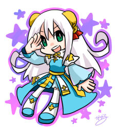 1girl arch_bishop_(ragnarok_online) bell blue_dress blue_shoes chibi chibi_only commentary_request cross dress full_body green_eyes hair_bell hair_ornament jingle_bell juliet_sleeves long_hair long_sleeves looking_at_viewer nayuruonline open_mouth puffy_sleeves ragnarok_online salute sash shoes smile solo thighhighs two-tone_dress white_background white_dress white_thighhighs yellow_sash